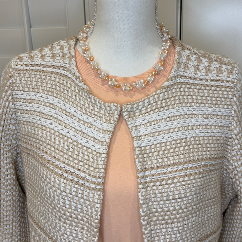 Chico’s Textured Cotton Knit Fringe Cardigan Sweater Beige & White 1/US8 - Picture 5 of 11